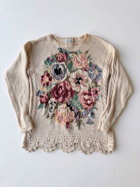 Vintage Casual Corner Floral Ramie Cotton Sweater Crochet Trim Cottagecore S